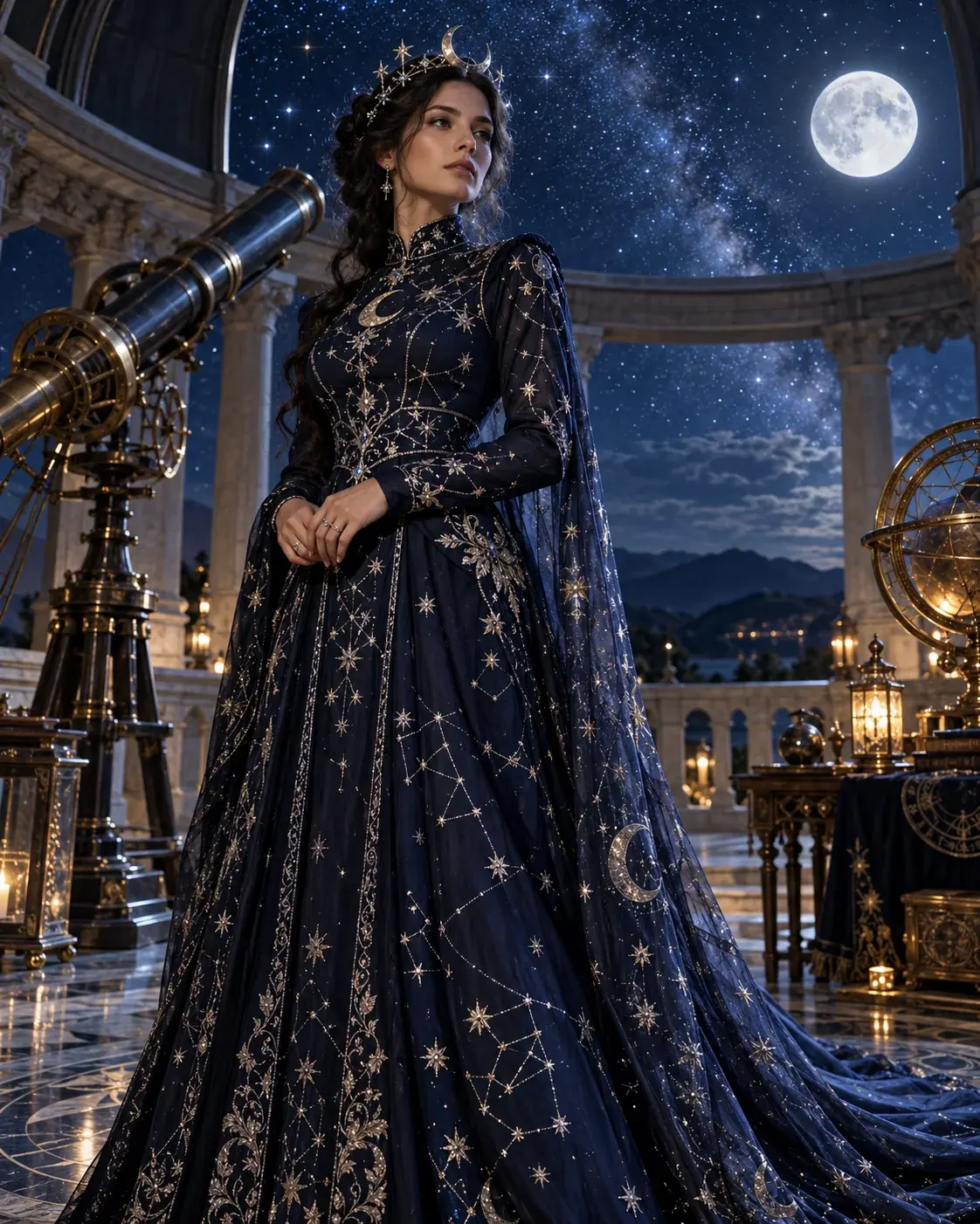 Create an original celestial princess portrait with a midnight-blue gown, a moon crown and a starry observatory.