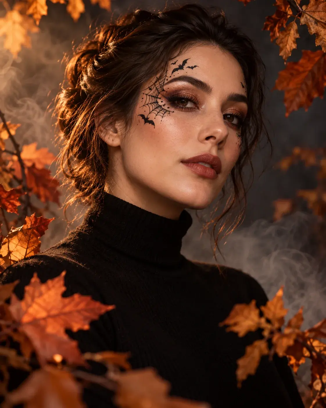 Add polished Halloween makeup, atmosphere and lighting to an existing portrait without changing the person you uploaded.