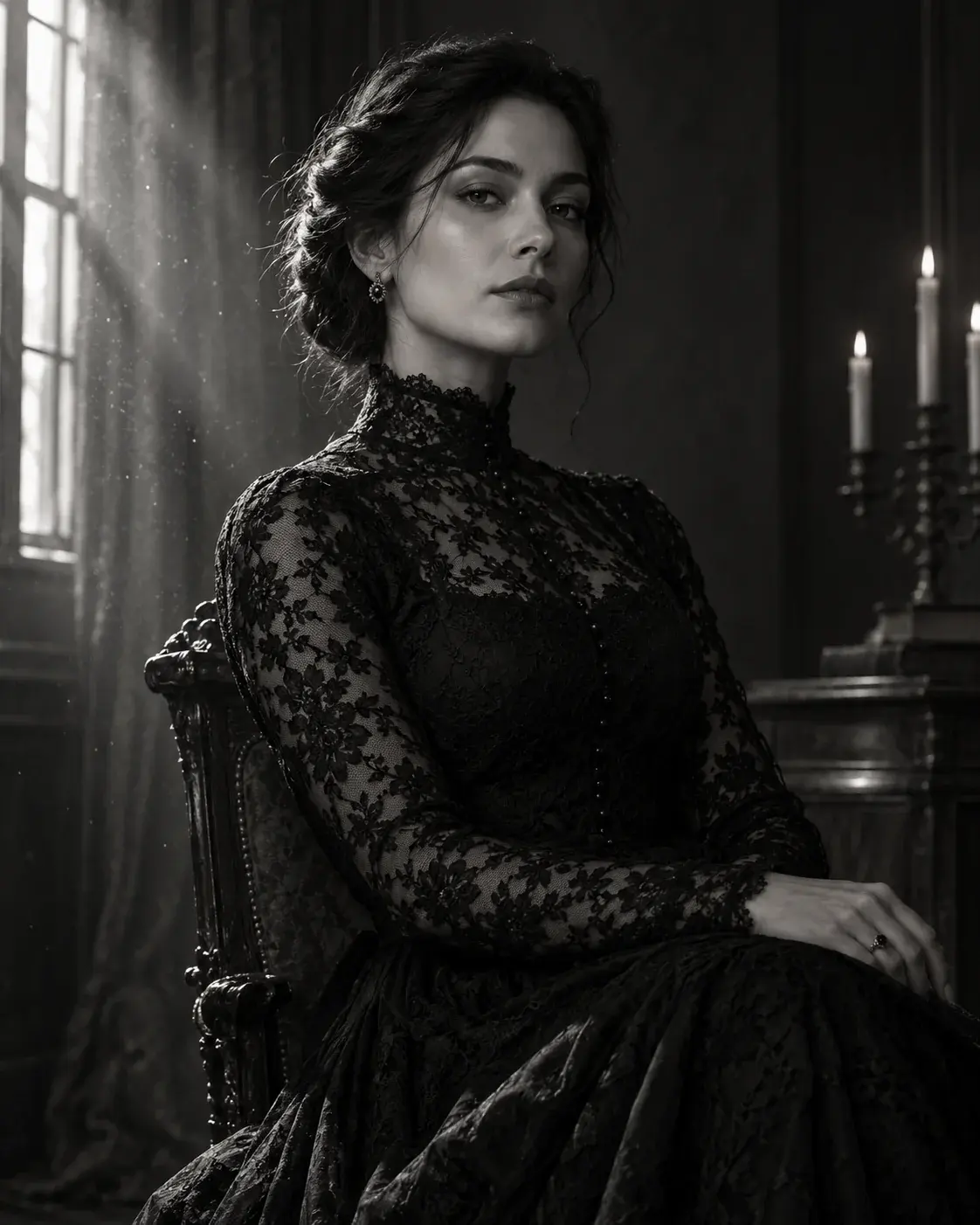 Create a cinematic gothic portrait with soft fog, antique styling and dramatic light while preserving the subject.