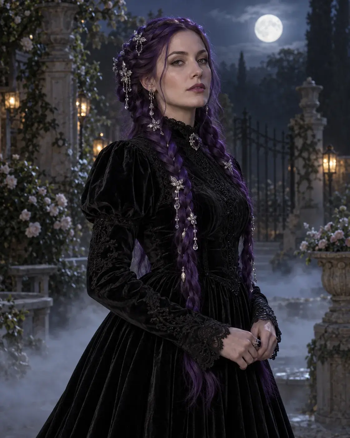 Transform a portrait with long violet braids, dark velvet fashion and a misty Victorian garden scene.